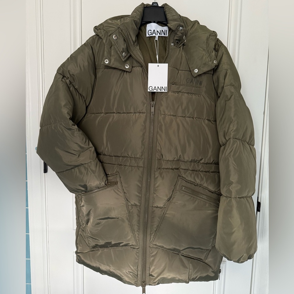 Ganni olive green puffer coat